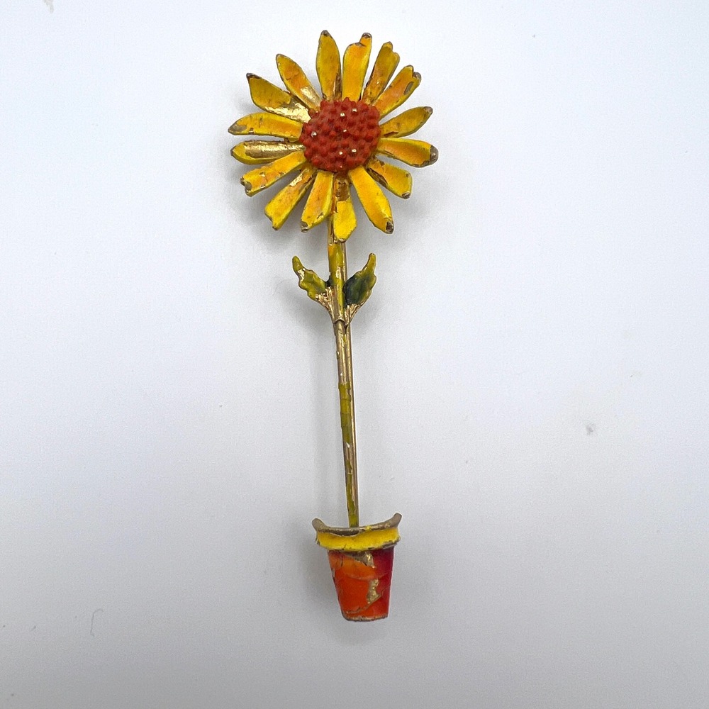 Vintage ART Yellow Enamel Flower Pot Brooch Gold Tone Sunflower Pin 3.25 Inch